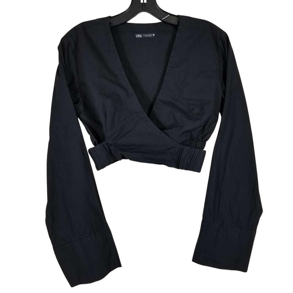 Zara Black Poplin Wrap Crop Top Long Sleeve V-Neck Cotton XS‎ Blouse Boho